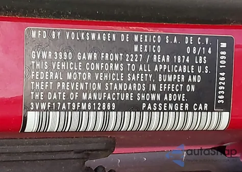 2015 Volkswagen Beetle 1.8T из США, поврежденный, VIN 3VWF17AT9FM612869